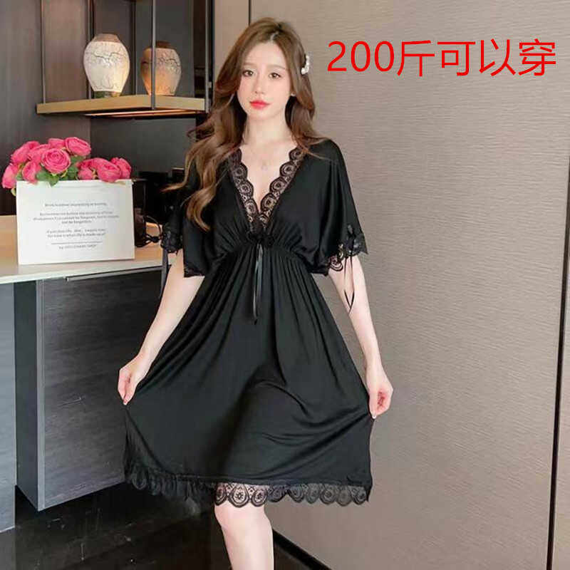 大码睡裙女夏季200斤2024新款高级感蕾丝性感睡衣花边短袖家居服