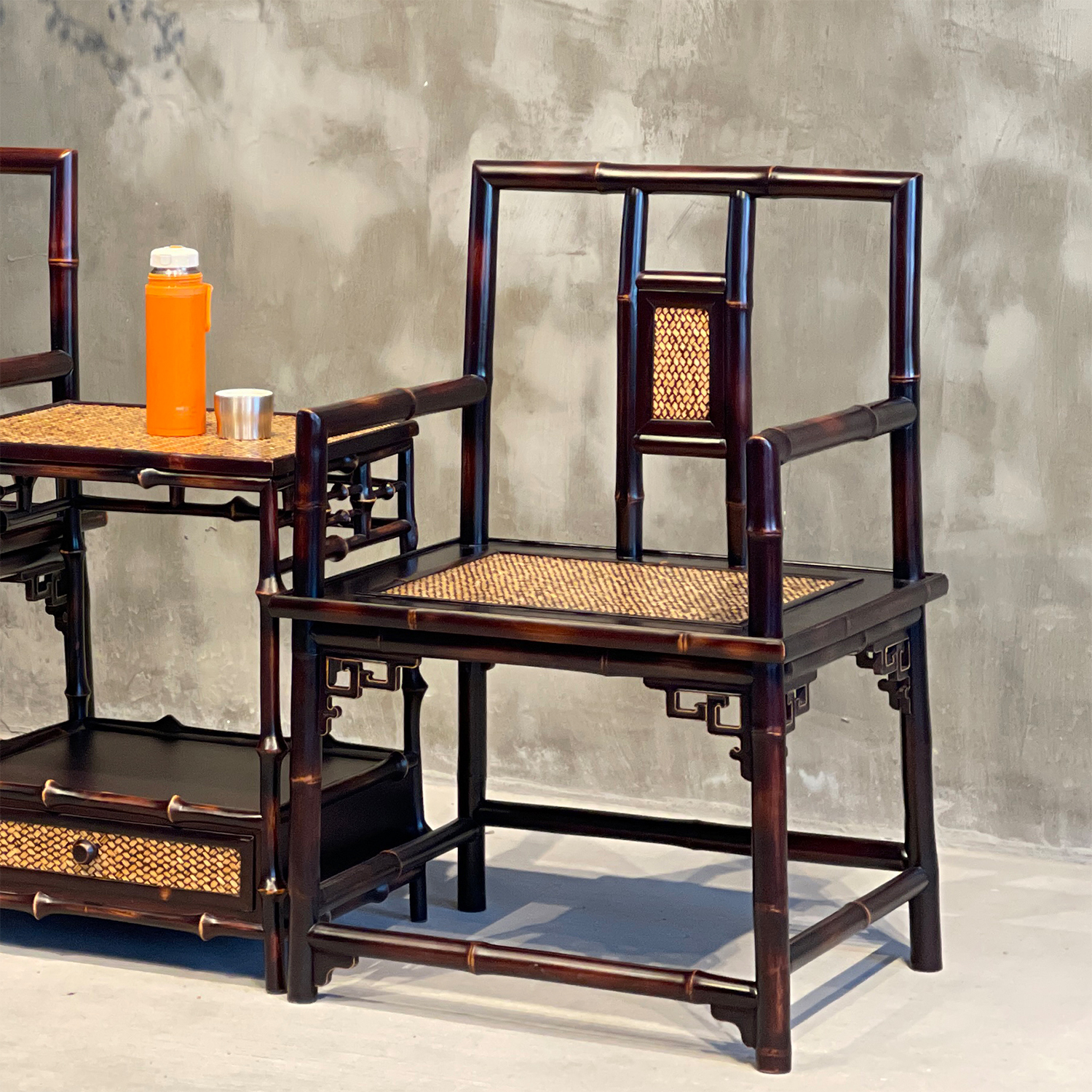 明式南官帽椅（红竹）竹老表手工圆竹仿古中式太师椅茶室椅扶手椅