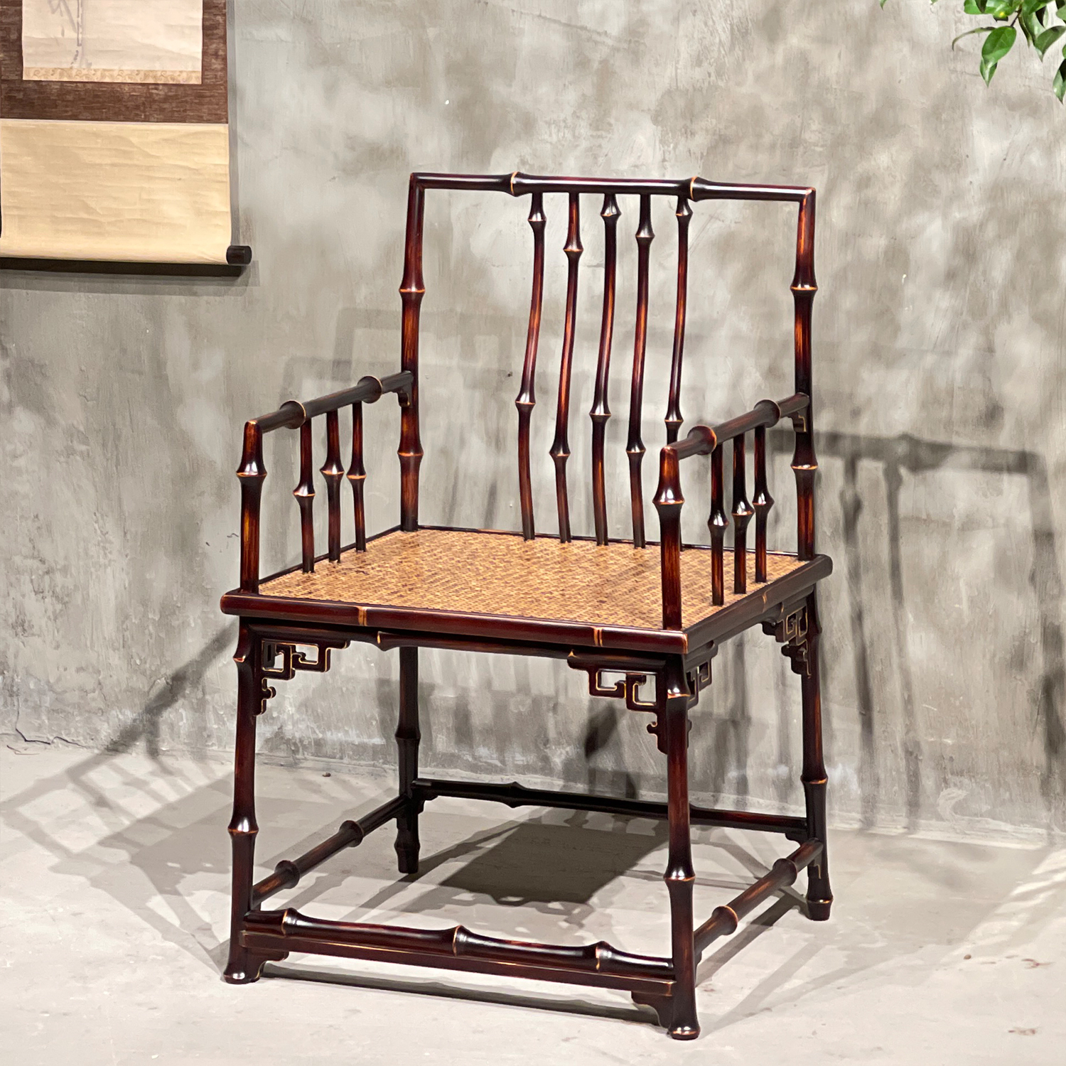 明式南官帽椅（筇竹）竹老表手工圆竹仿古中式太师椅茶室椅扶手椅
