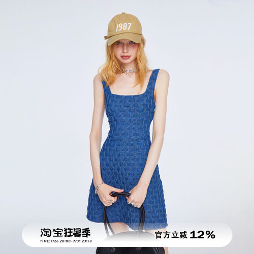 原创蓝色收腰修身吊带牛仔连衣裙