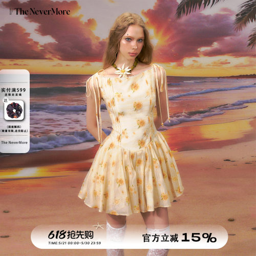 TheNeverMore「落日熔金」黄色一字领碎花A字短裙收腰甜美连衣裙