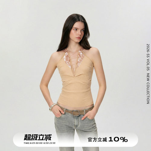 复古辣妹深V亮片吊带背心