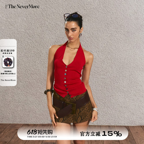 红色挂脖吊带女辣妹显瘦V领露背