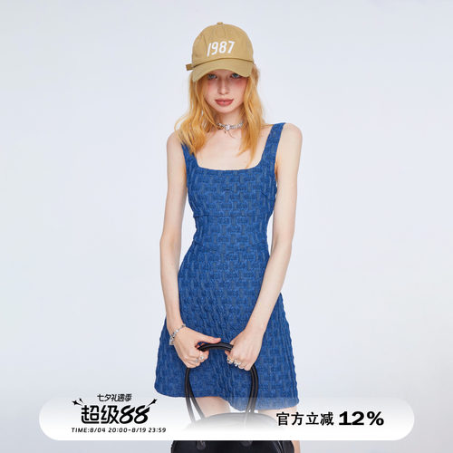 原创蓝色收腰修身吊带牛仔连衣裙