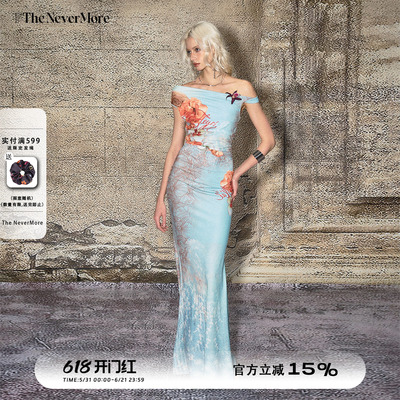 TheNeverMore一字肩印花收腰吊带连衣裙夏季海岛度假显瘦鱼尾长裙