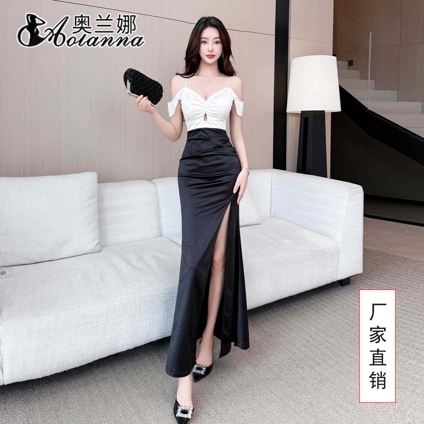 性感吊带连衣裙女黑白拼色露肩修身显瘦开叉鱼尾裙气质夜总会礼服