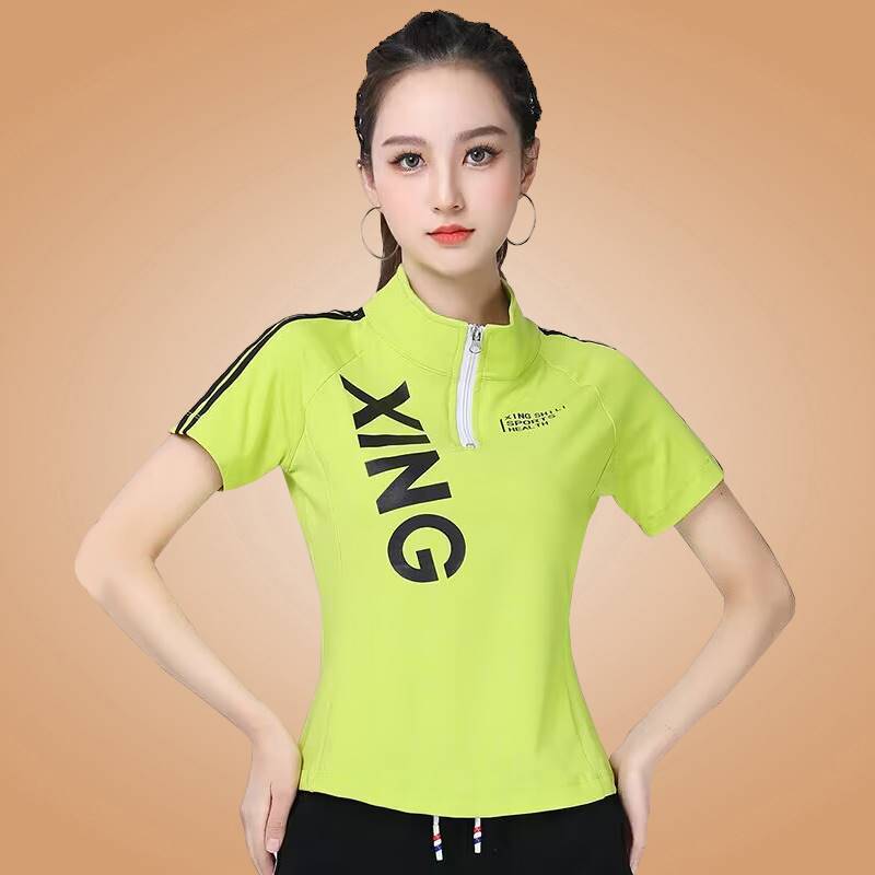 网红广场舞跳舞服装新款速干上衣夏字母短袖运动健身练功服女套装