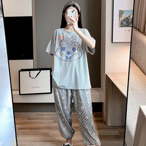 纯棉拉架圆领加大码睡衣女200斤短袖长裤夏季卡通可爱家居服套装