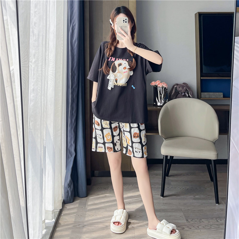 加大码纯棉睡衣女200斤夏季宽松卡通可爱短袖短裤薄款家居服套装