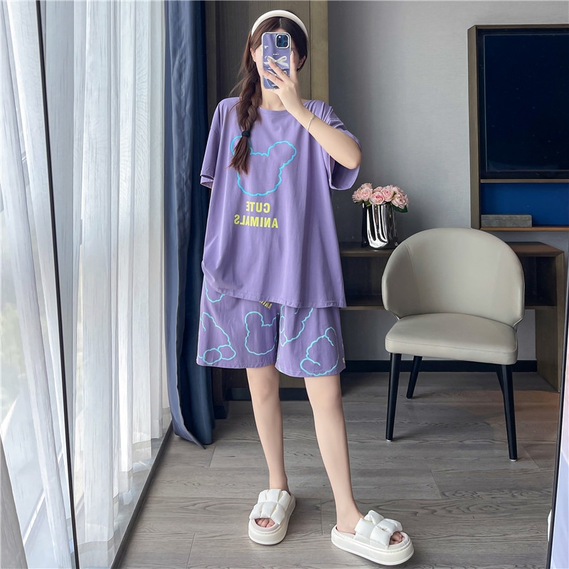 夏季短袖纯棉加大码睡衣女200斤短裤圆领卡通薄款宽松家居服套装