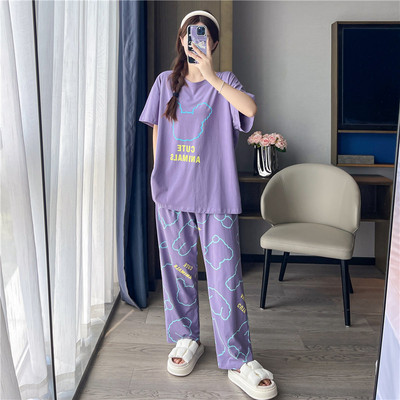 短袖长裤加大码睡衣女200斤纯棉
