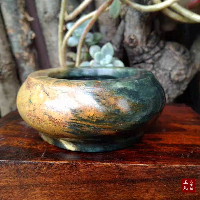 河磨玉香炉文房用具砚台玉石奇石迷你圆形花盆文玩手把件线香微摆