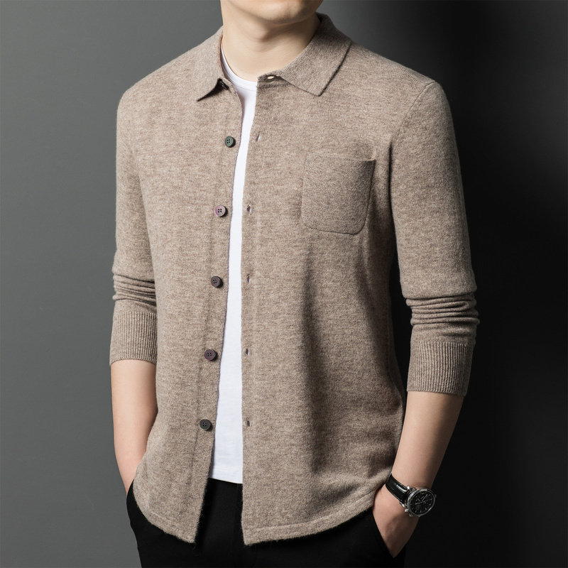 针织开 衫男士春秋季纯色钮扣外套中式休闲 毛线 线衣外穿翻领纯