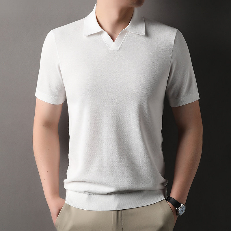 翻领短袖T恤男开春薄款打底针织衫男装中青年纯色百搭V领棉质T恤