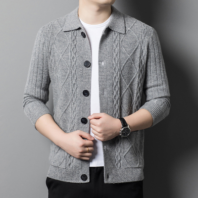 高端男装潮流扭花针织开衫2025春秋季新款加厚保暖翻领纯羊毛外套
