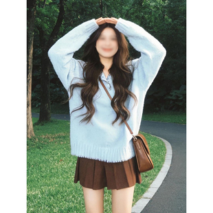 小众超绝氛围感甜美温柔风蓝色连帽针织毛衣女超好看文艺套头上衣