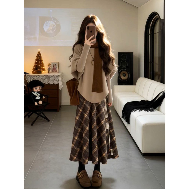 三件套装少女学院风复古保暖围巾+卡其色针织毛衣+高腰格纹半身裙,女装/女士精品,时尚套装,淘宝优惠券,粉丝福利购,淘宝优惠卷