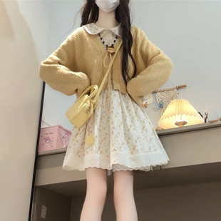学院风清纯甜美可爱娃娃领碎花连衣裙女绑带针织开衫 毛衣一整套装