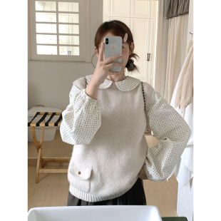 针织马甲俩件套套装 学院风时尚 新款 春季 女 2026气质波点娃娃领衬衫