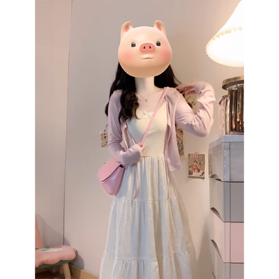 吊带连衣裙粉色薄款针织开衫