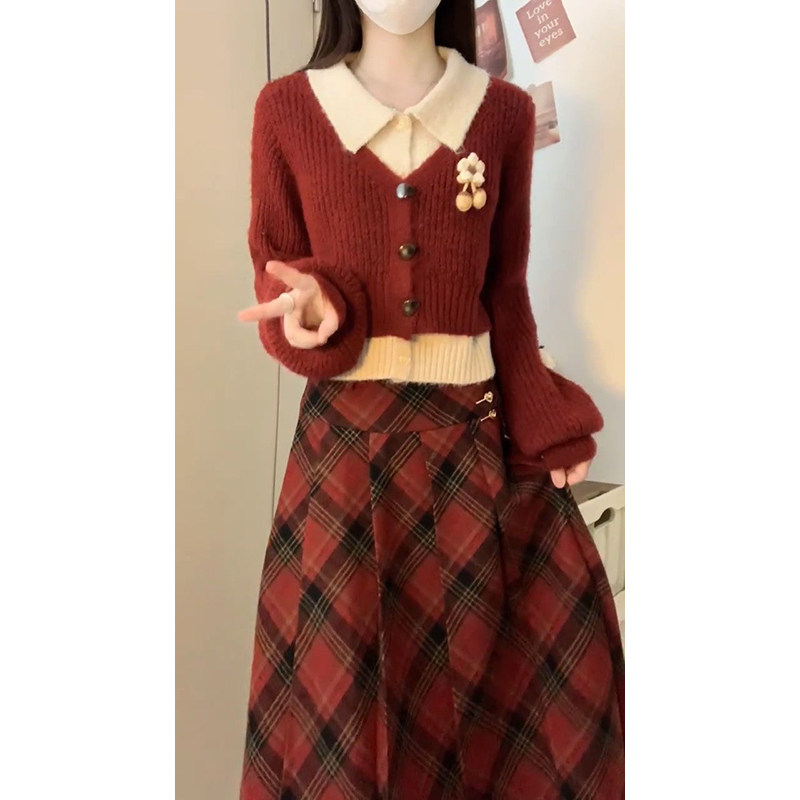 韩系红色假两件长袖毛衣开衫女冬季新款温柔气质格纹半身裙两件套,女装/女士精品,时尚套装,淘宝优惠券,粉丝福利购,淘宝优惠卷