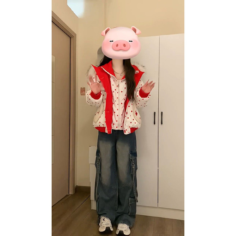 小众甜酷学院风波点魔术贴毛领连帽棉服女冬季保暖撞色面包服外套,女装/女士精品,棉衣/棉服,淘宝优惠券,粉丝福利购,淘宝优惠卷