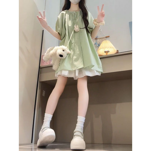 短袖衬衫+高腰花苞裙两件套装