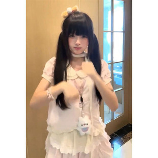上衣女学生 休闲甜美风娃娃领粉色短袖 蕾丝拼接超仙蛋糕裙两件套