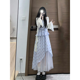 法式 穿搭一整套度假风防晒罩衫 不规则吊带上衣 半身裙女学生夏季