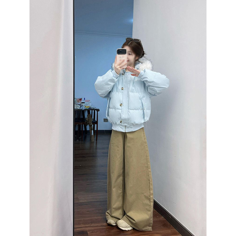 蓝色连帽毛领羽绒棉服女氛围感