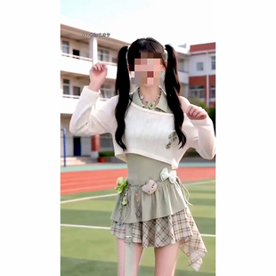 两件套 长袖 高级感小清新绿色拼接格纹连衣裙春夏A字短裙 防晒罩衫