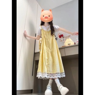休闲温柔风黄色彩点吊带连衣裙女夏季 叠穿白色木耳边衬衫 两件套装