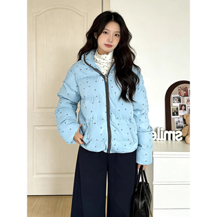 2026可爱星星满印连帽短款棉服外套女款冬季小个子保暖加厚面包服