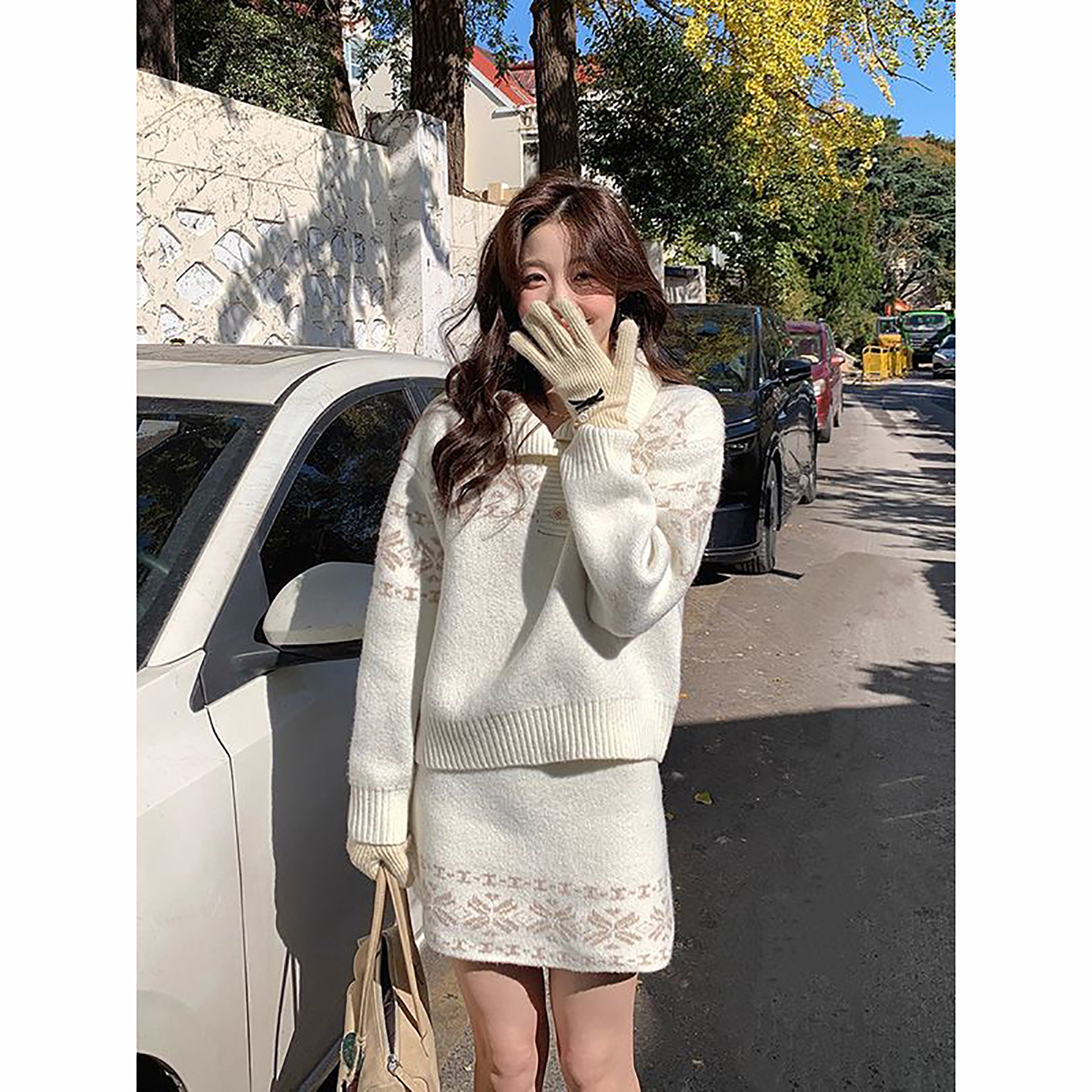 2026通勤风费尔岛翻领毛衣上衣女搭配气质包臀针织半身短裙两件套