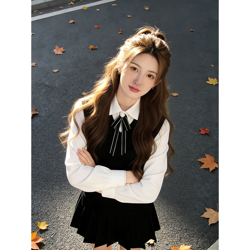 小众简约时尚纯色POLO领长袖衬衫女春季叠穿收腰背心连衣裙两件套,女装/女士精品,时尚套装,淘宝优惠券,粉丝福利购,淘宝优惠卷