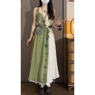綠色清新印花拼色假兩件吊帶連衣裙梵高文藝學院度假風 小眾不撞款