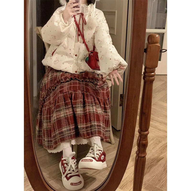 印花棉服外套女+格纹半身裙