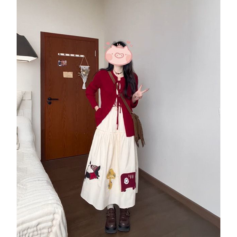心机少女感红色复古针织开衫女秋季搭配卡通杏色半身裙两件套装