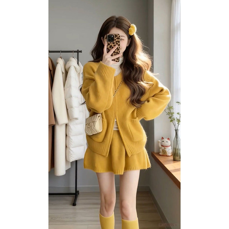 高级感穿搭一整套活力氛围感双拉链大口袋开衫毛衣搭配针织半身裙