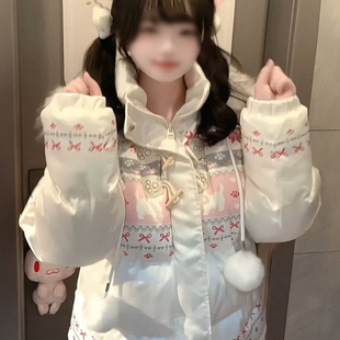 小众可爱温柔风粉色连帽毛领棉服女学生冬季 宽松保暖百搭棉衣外套