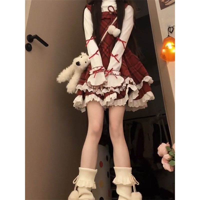 小众穿搭一整套红色战袍格纹背心连衣裙叠穿蝴蝶结针织打底上衣女,女装/女士精品,时尚套装,淘宝优惠券,粉丝福利购,淘宝优惠卷