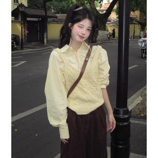 韩系减龄学院风麻花吊带针织马甲背心女学生+浅黄色衬衫套装