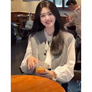 休闲温柔风气质灰色针织背心马甲开衫搭配白色长袖衬衫女两件套装