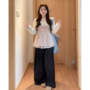 2025甜美温柔蝴蝶结针织吊带背心马甲叠穿镂空长袖 上衣穿搭一整套