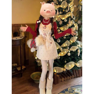 性感纯欲甜美波点无袖 上衣两件套 背心裙女秋冬圣诞红色针织打底衫