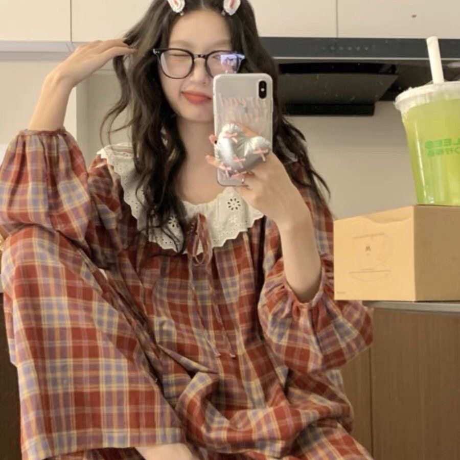 睡衣女春秋季韩版甜美蕾丝蝴蝶结睡衣/家居服套装