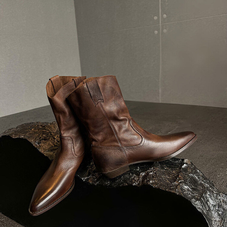 Luxe轻奢~美拉德老钱风超软羊皮西部靴早秋洋气v口切尔西小短靴女