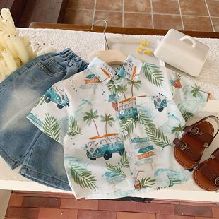 男童满印花衬衫复古港风服装儿童沙滩夏威夷穿搭男孩海边度假衣服