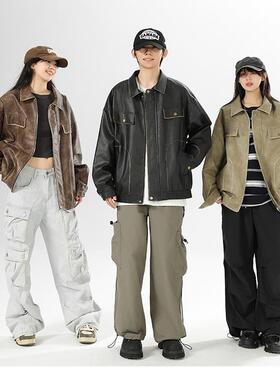 秋季新款美式复古翻领PU皮衣夹克宽松做旧潮牌外套男生