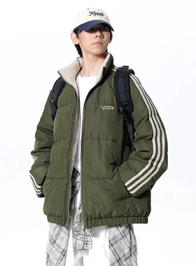 撞色棉服外套男冬季新款军绿色三条杠织带面包服加厚保暖立领棉衣